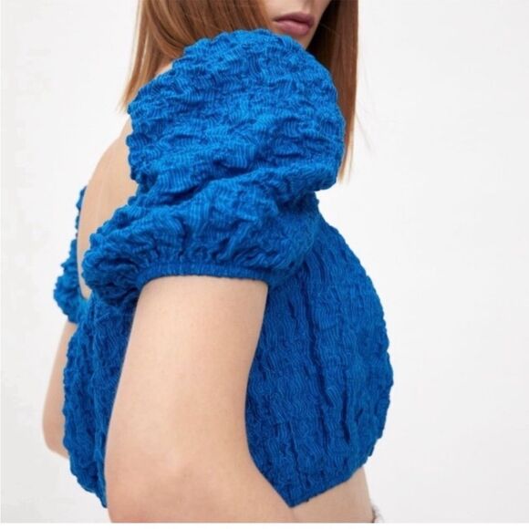 ZARA blue puff sleeve textured stretchy crop top BoHo bohemian - Picture 2 of 6